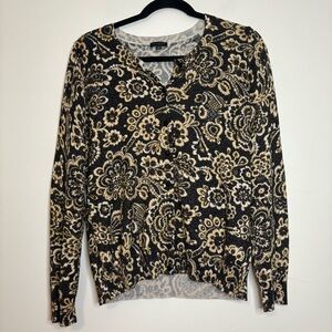 Talbots Floral Metallic Button Cardigan Sweater Black Gold L Cotton Blend‎